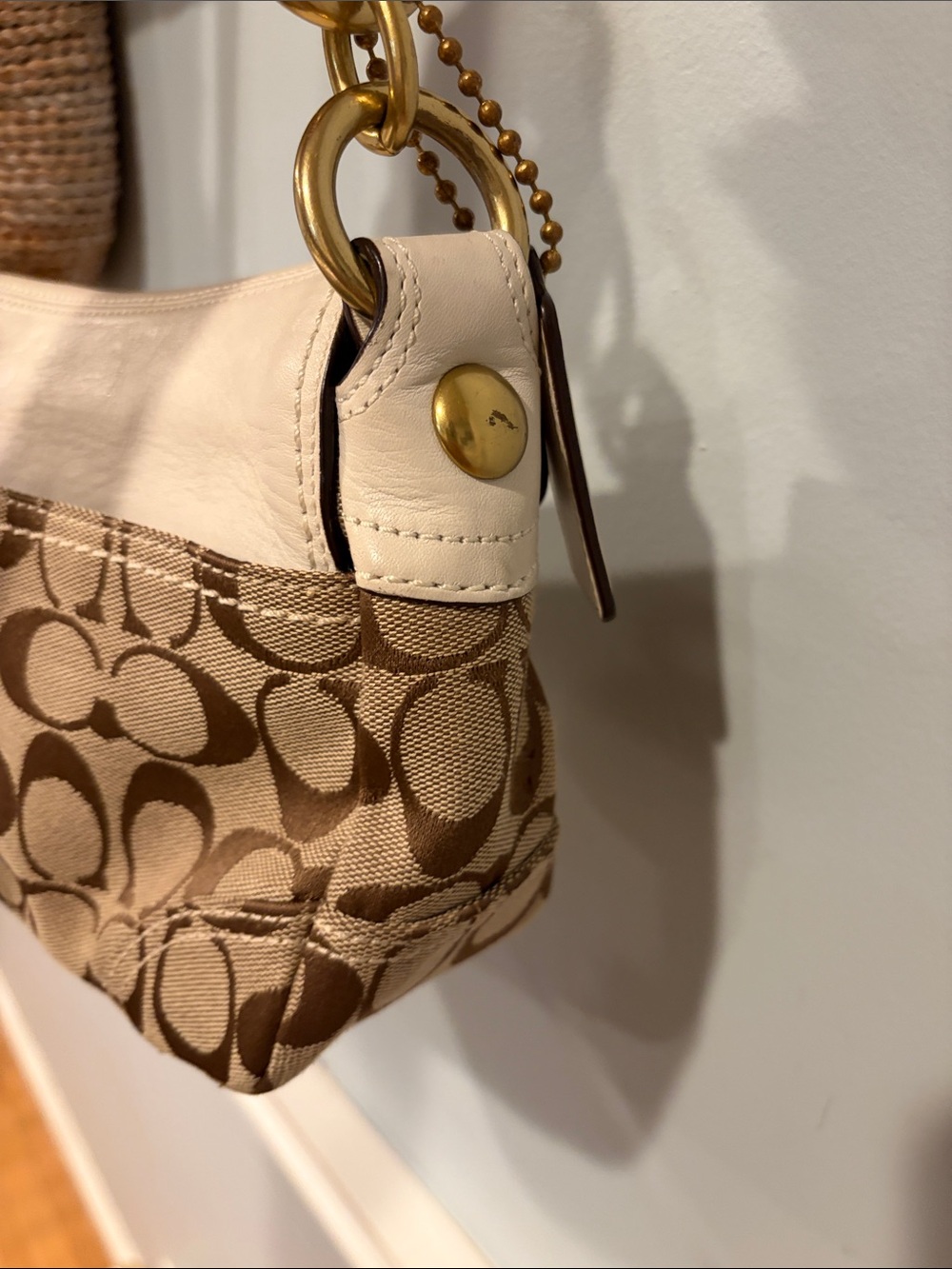 Coach Bleecker Signature Small Shoulder Bag in Khaki/Chalk - Picture 7 of 12